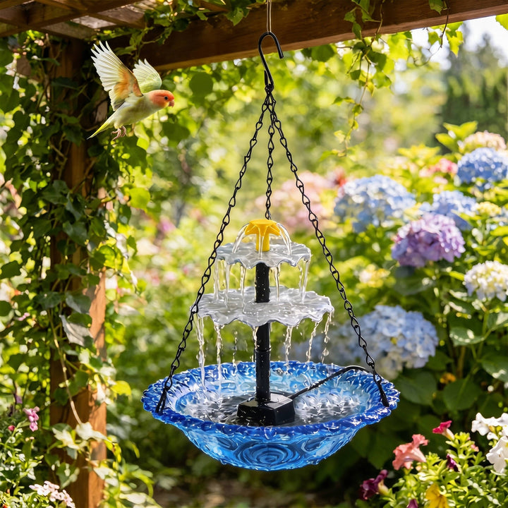 Solar Powered Hanging Bird Bath Fountain, Outdoor Garden Water Feature with Automatic Pump