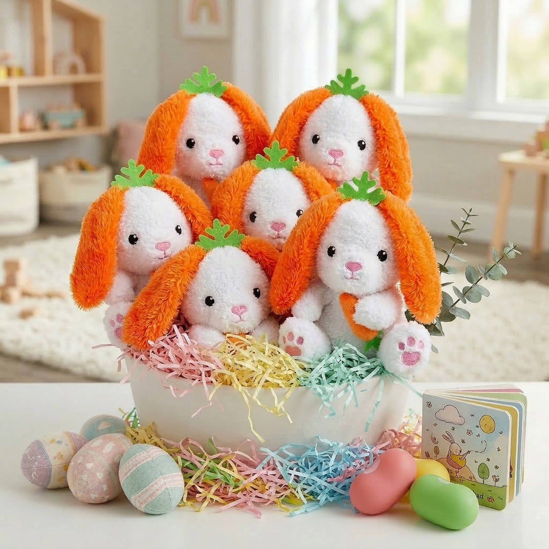 Plush Easter Bunny with Carrot Ears 6 Pc Set, Soft Stuffed Bunny Toys for Easter Baskets Kids Gifts