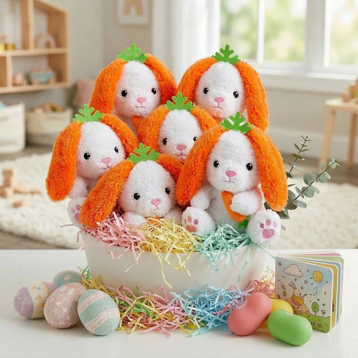 Plush Easter Bunny with Carrot Ears 6 Pc Set, Soft Stuffed Bunny Toys for Easter Baskets Kids Gifts