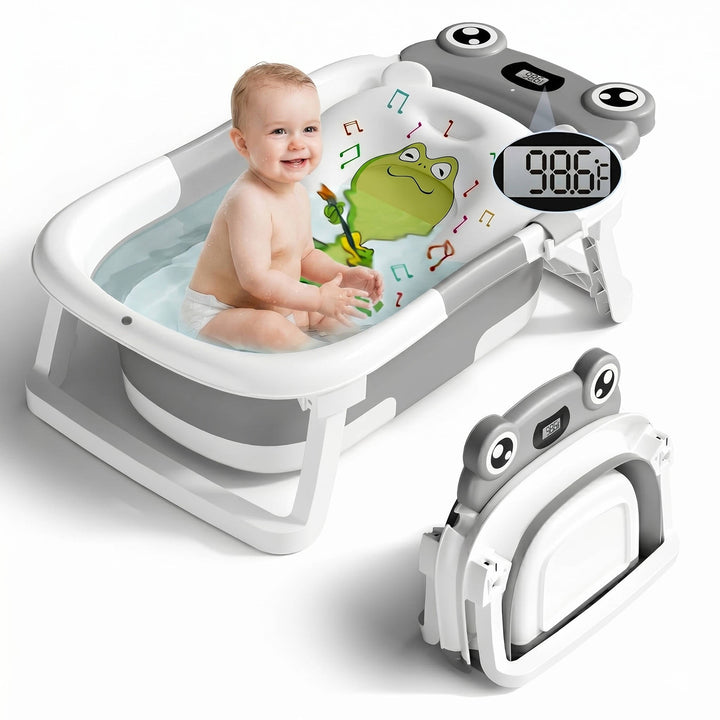 Collapsible Baby Bathtub with Real Time Thermometer and Soft Cushion, Portable 0 to 24 Months Infant to Toddler Travel Tub with Non Slip Feet