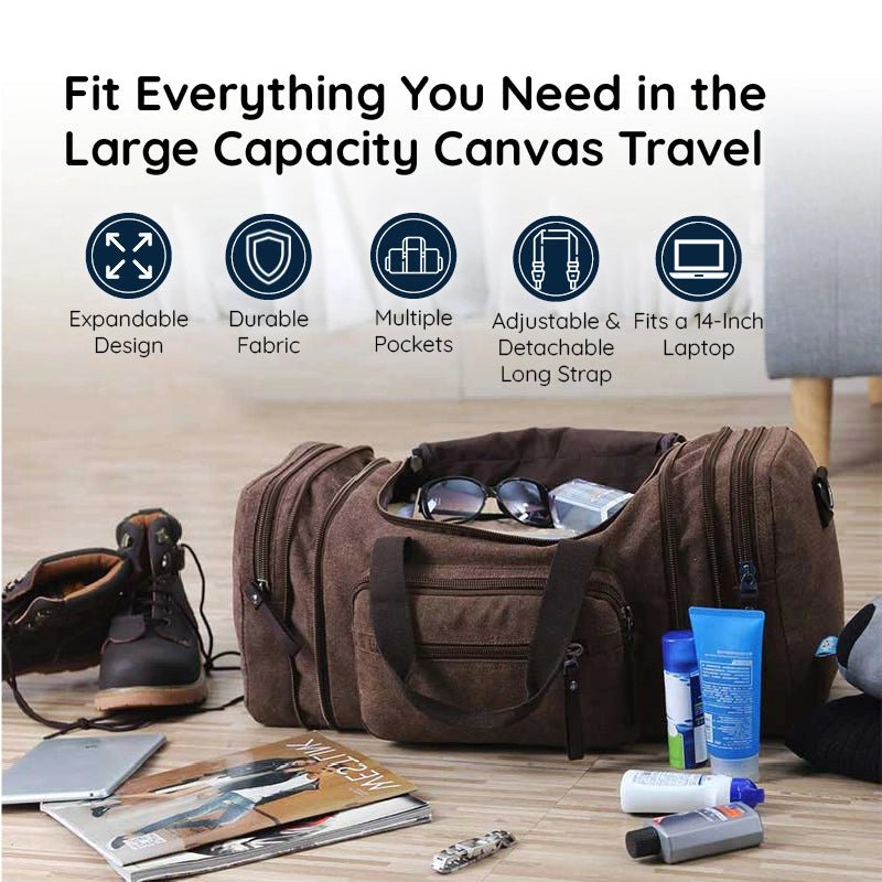 Canvas Duffel Bag with Expandable Panel and Laptop Compartment, Large Capacity for Travel