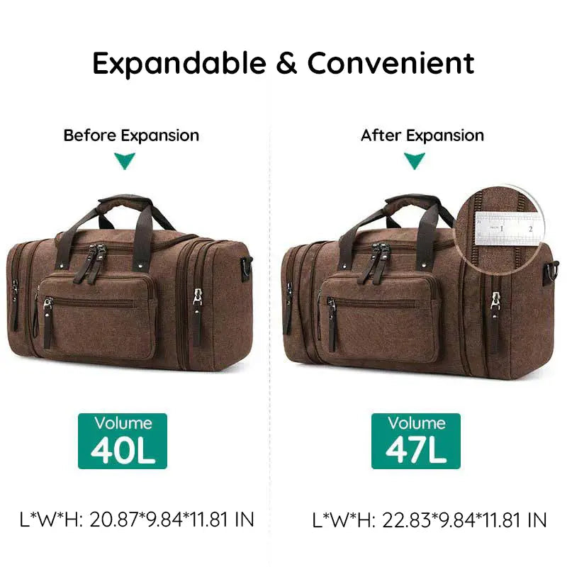 Canvas Duffel Bag with Expandable Panel and Laptop Compartment, Large Capacity for Travel