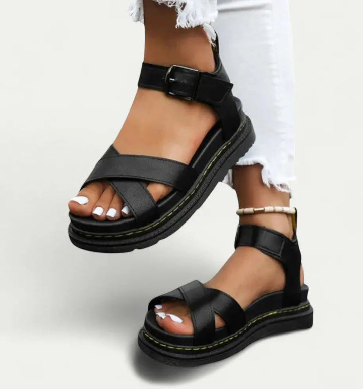 Platform Sandals with Cushioned Sole and Adjustable Buckle Strap for Women, Vegan Leather