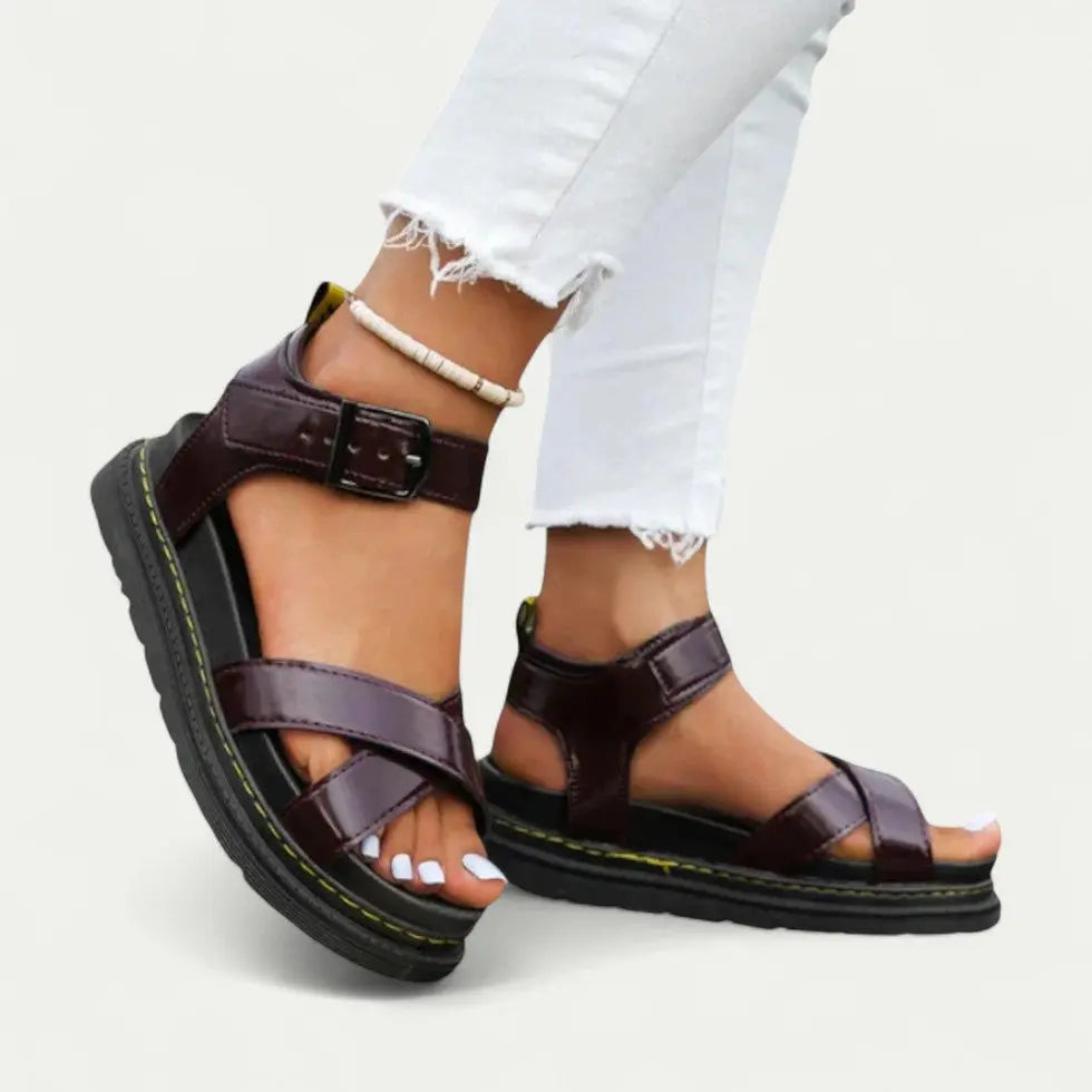 Platform Sandals with Cushioned Sole and Adjustable Buckle Strap for Women, Vegan Leather