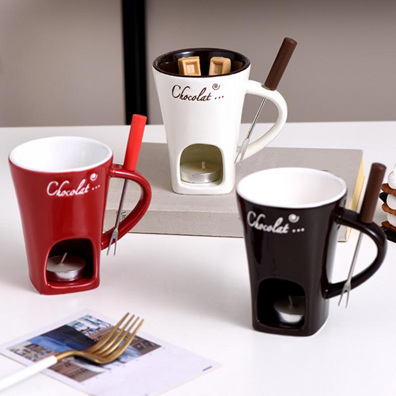 Ceramic Fondue Cup with Candle Warmer and Stainless Steel Fork