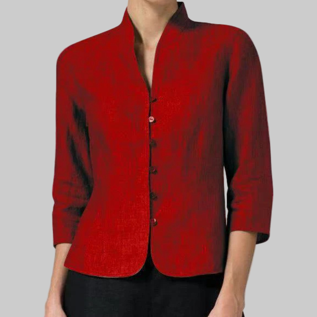 Womens Button Front Blouse with Stand Collar and Three Quarter Sleeves, Chambray Woven