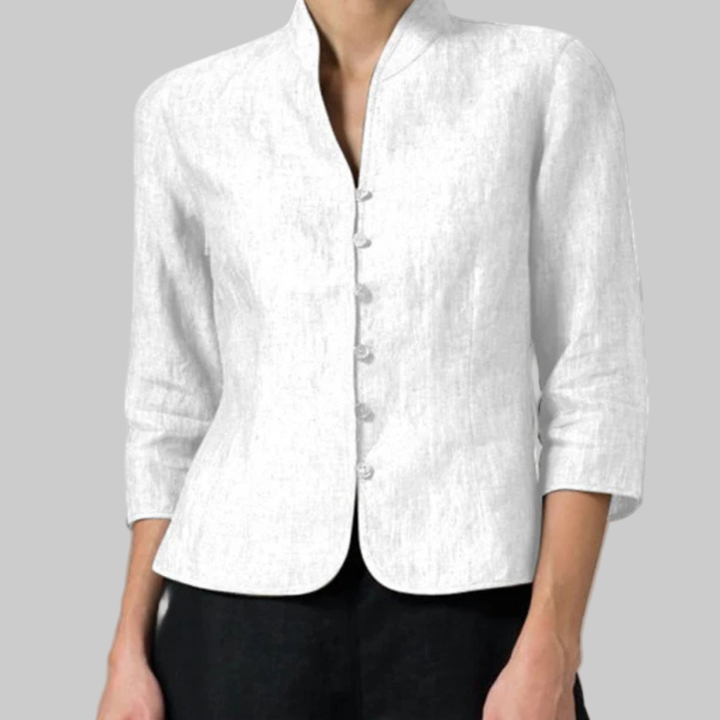 Womens Button Front Blouse with Stand Collar and Three Quarter Sleeves, Chambray Woven