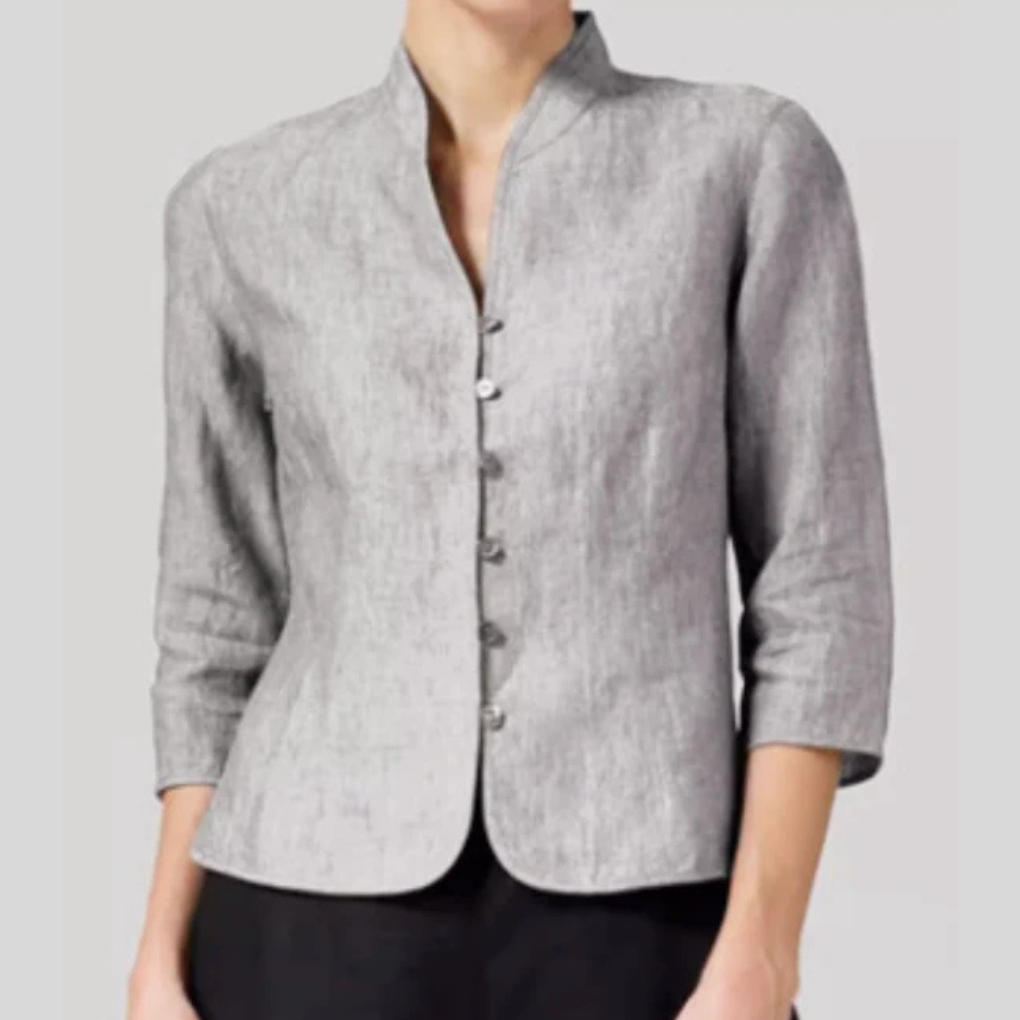 Womens Button Front Blouse with Stand Collar and Three Quarter Sleeves, Chambray Woven