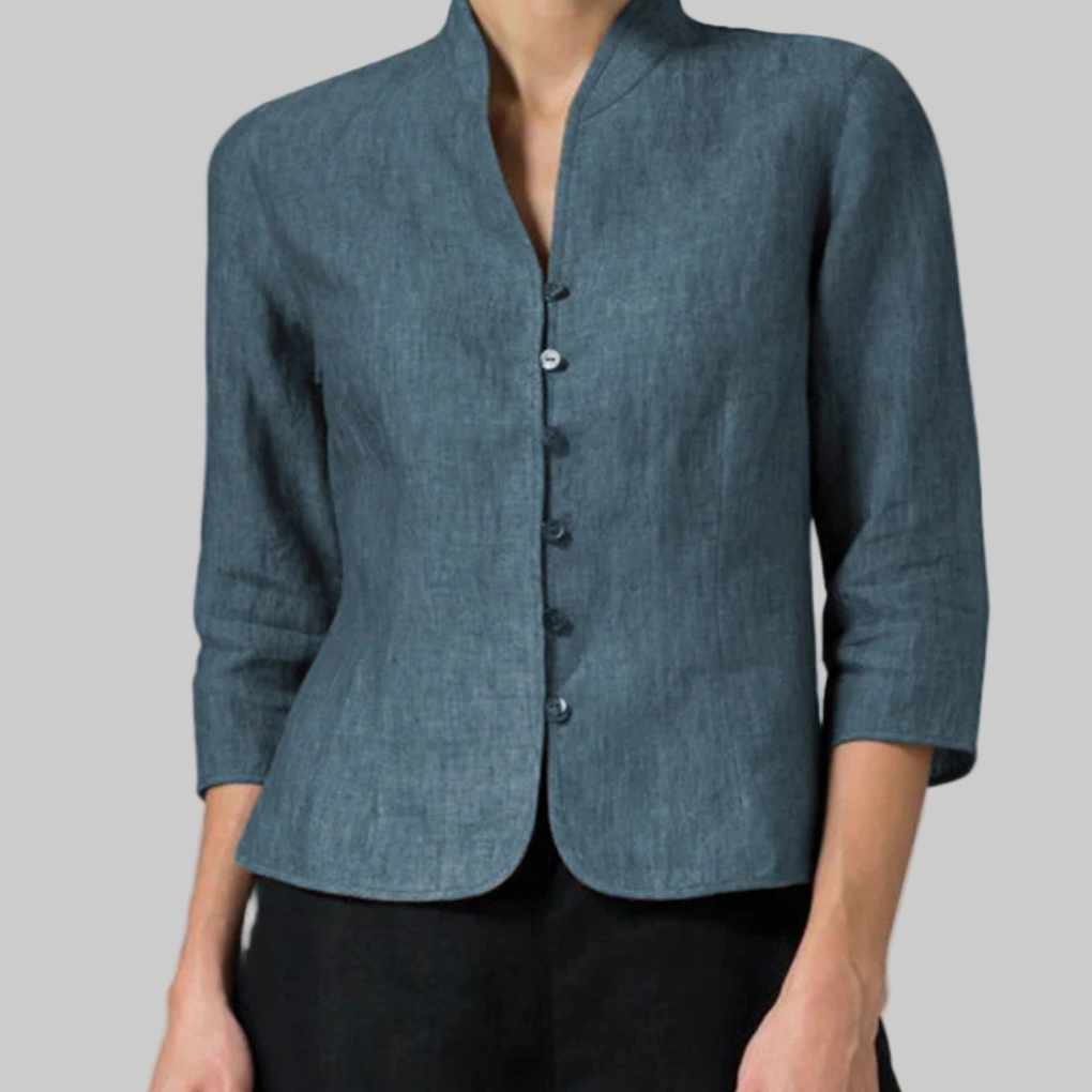 Womens Button Front Blouse with Stand Collar and Three Quarter Sleeves, Chambray Woven