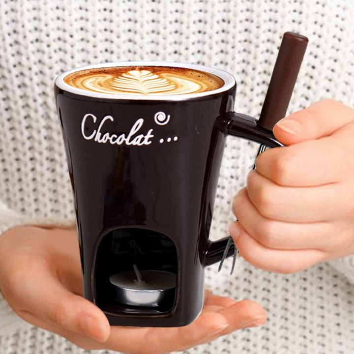 Ceramic Fondue Cup with Candle Warmer and Stainless Steel Fork