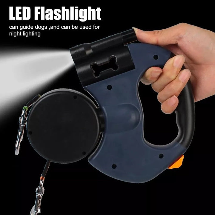 10FT Dual Retractable Dog Leash with Built-In Flashlight and Waste Bag Holder