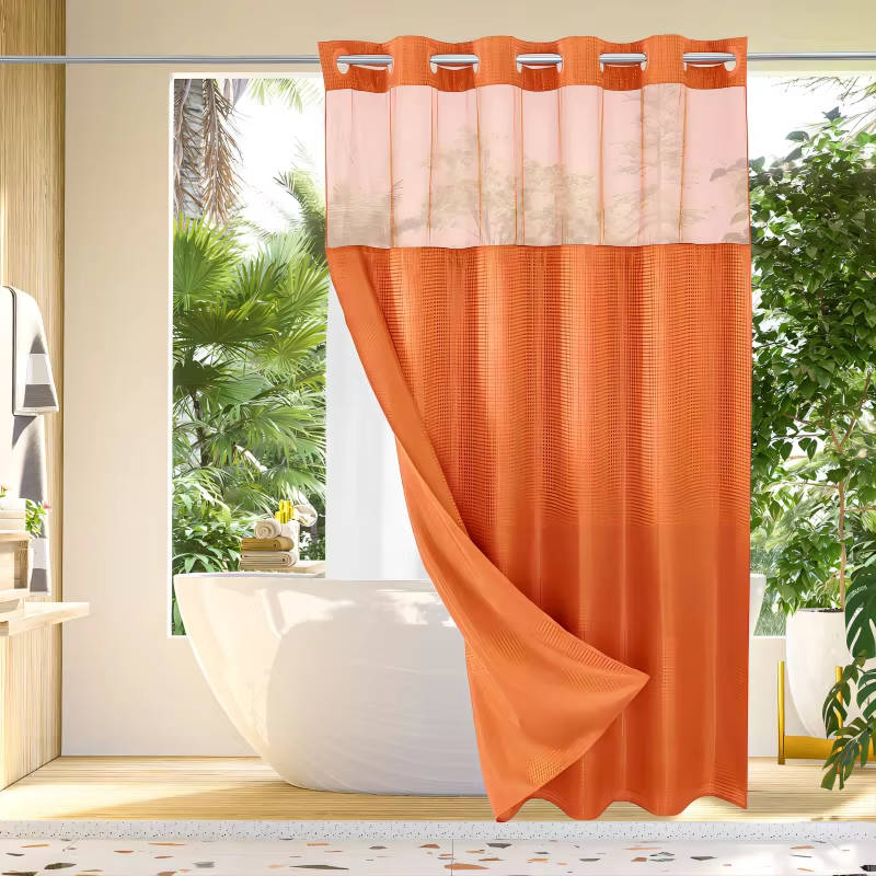 No Hook Waffle Pattern Shower Curtain with Mesh Window, Modern Waterproof Bathroom Curtain, Hotel Quality Luxury Fabric