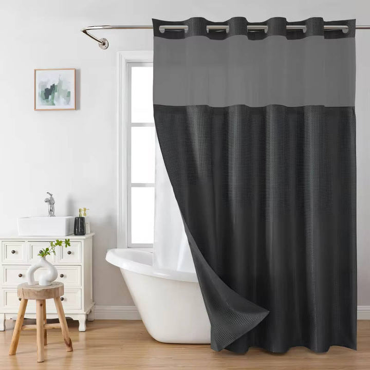 No Hook Waffle Pattern Shower Curtain with Mesh Window, Modern Waterproof Bathroom Curtain, Hotel Quality Luxury Fabric
