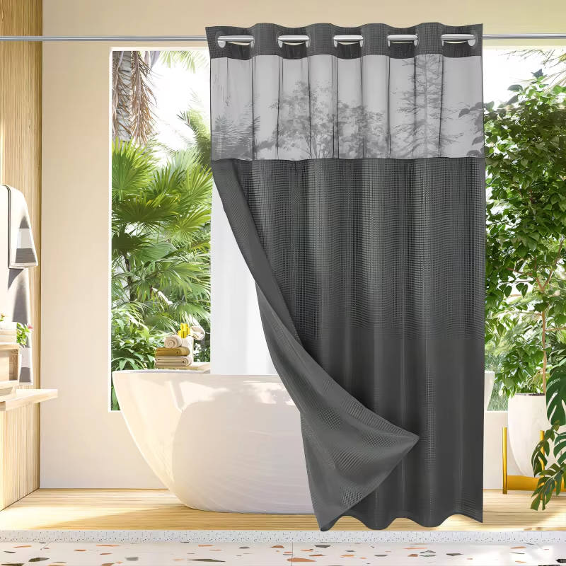 No Hook Waffle Pattern Shower Curtain with Mesh Window, Modern Waterproof Bathroom Curtain, Hotel Quality Luxury Fabric