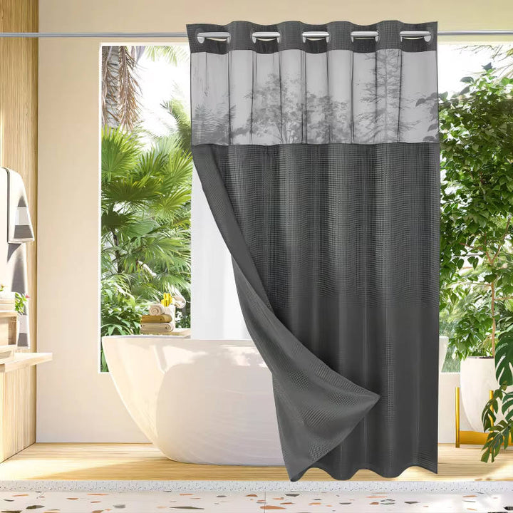 No Hook Waffle Pattern Shower Curtain with Mesh Window, Modern Waterproof Bathroom Curtain, Hotel Quality Luxury Fabric