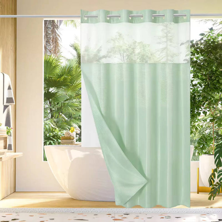 No Hook Waffle Pattern Shower Curtain with Mesh Window, Modern Waterproof Bathroom Curtain, Hotel Quality Luxury Fabric