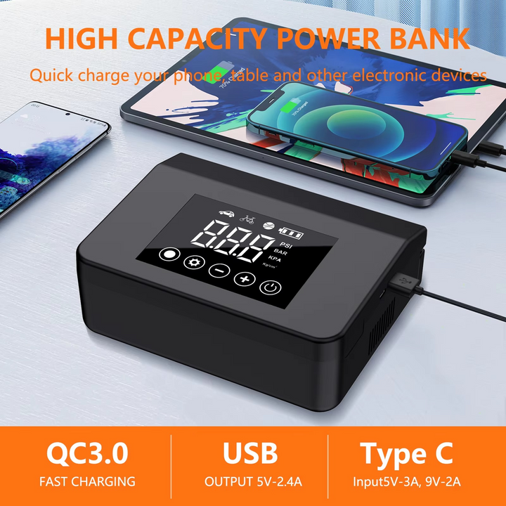 Fast Portable Car Jump Starter With Tire Air Compressor, Digital Screen