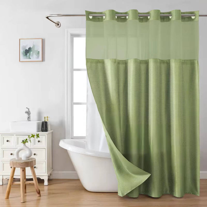 No Hook Waffle Pattern Shower Curtain with Mesh Window, Modern Waterproof Bathroom Curtain, Hotel Quality Luxury Fabric