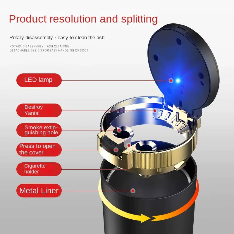Smokeless Car Ashtray with Lid Led Light, Cup Holder Size, Portable, Auto Open, Odor Free