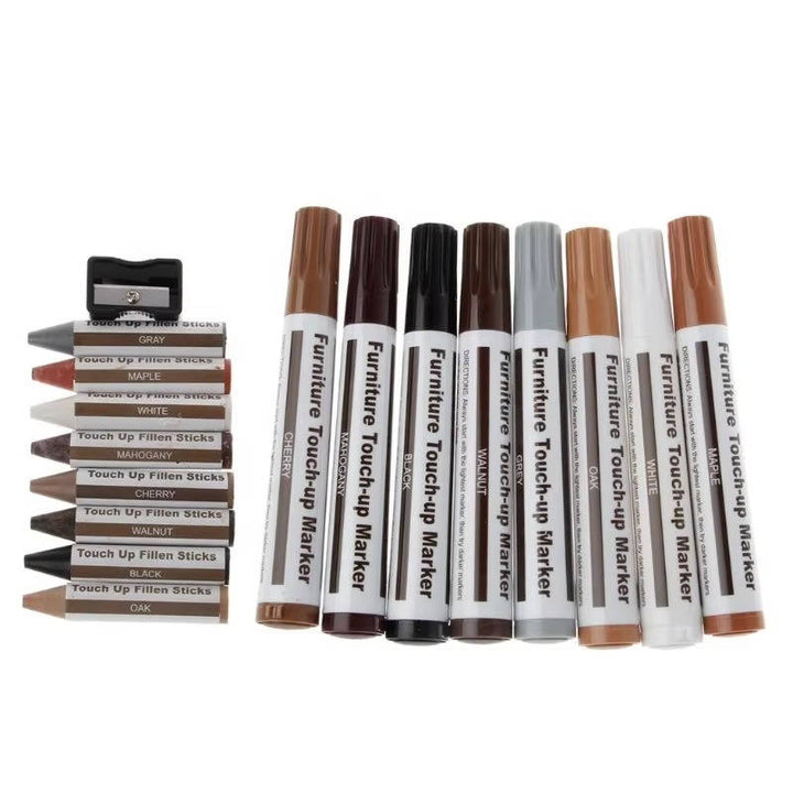13 Piece Furniture Repair Kit, Wood Touch Up Markers and Wax Sticks with Sharpener for Scratches, Floors, Tables, and Cabinets