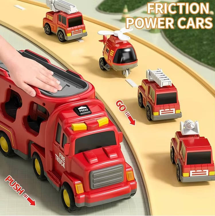 Fire Truck Carrier Toy Set with 5 Vehicles Lights and Sound Transport Truck with Helicopter Toddler Toys for Boys Girls
