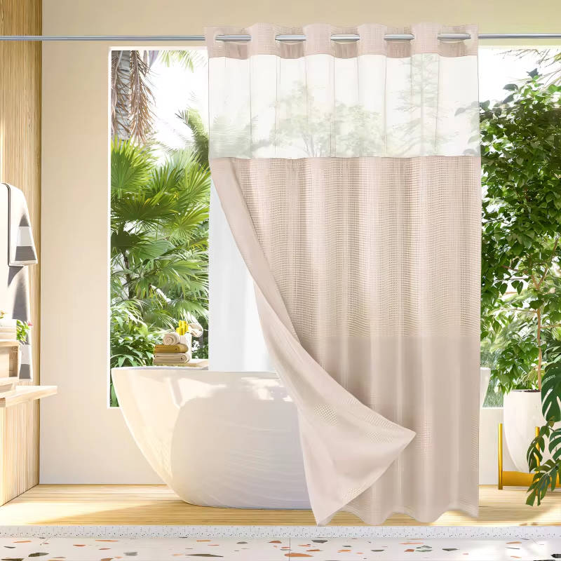 No Hook Waffle Pattern Shower Curtain with Mesh Window, Modern Waterproof Bathroom Curtain, Hotel Quality Luxury Fabric