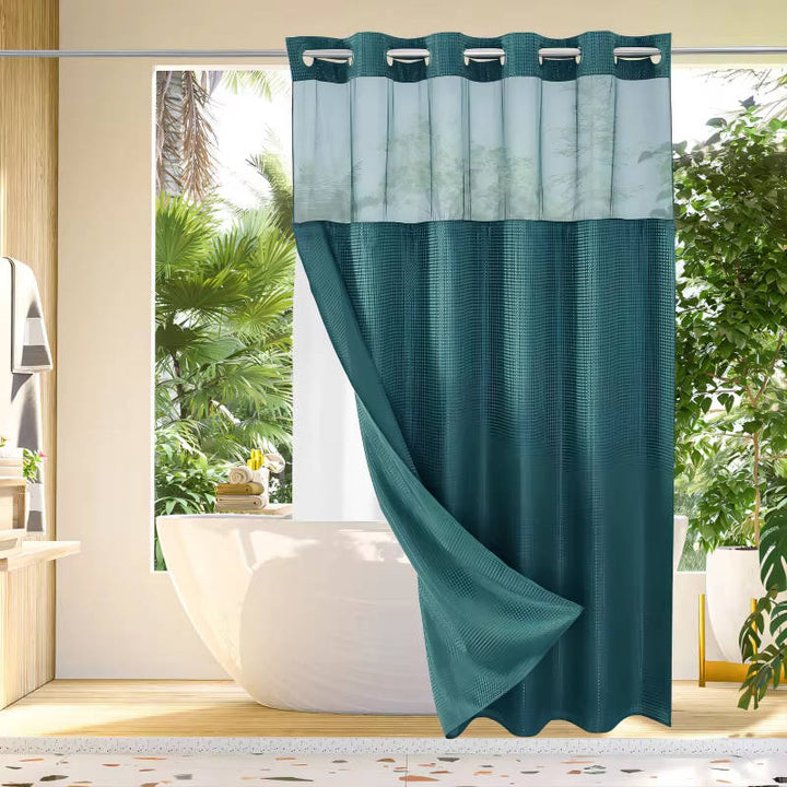 No Hook Waffle Pattern Shower Curtain with Mesh Window, Modern Waterproof Bathroom Curtain, Hotel Quality Luxury Fabric