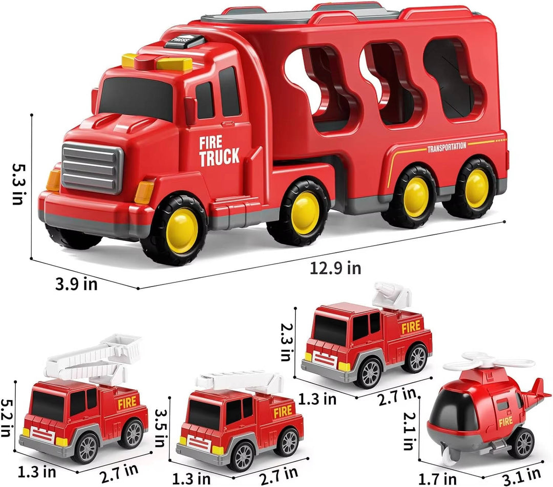 Fire Truck Carrier Toy Set with 5 Vehicles Lights and Sound Transport Truck with Helicopter Toddler Toys for Boys Girls