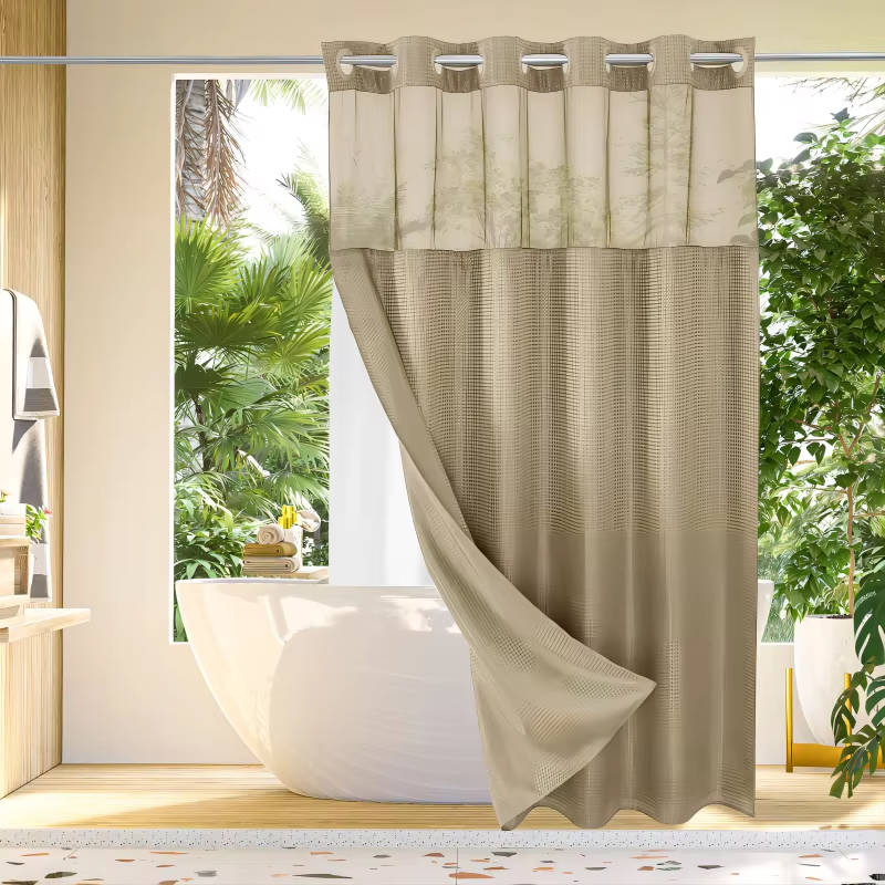 No Hook Waffle Pattern Shower Curtain with Mesh Window, Modern Waterproof Bathroom Curtain, Hotel Quality Luxury Fabric