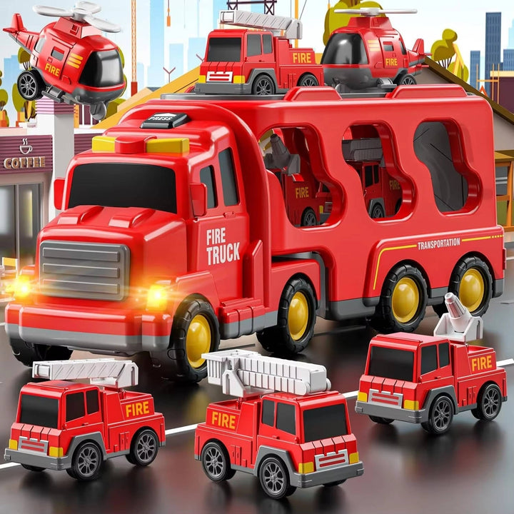 Fire Truck Carrier Toy Set with 5 Vehicles Lights and Sound Transport Truck with Helicopter Toddler Toys for Boys Girls