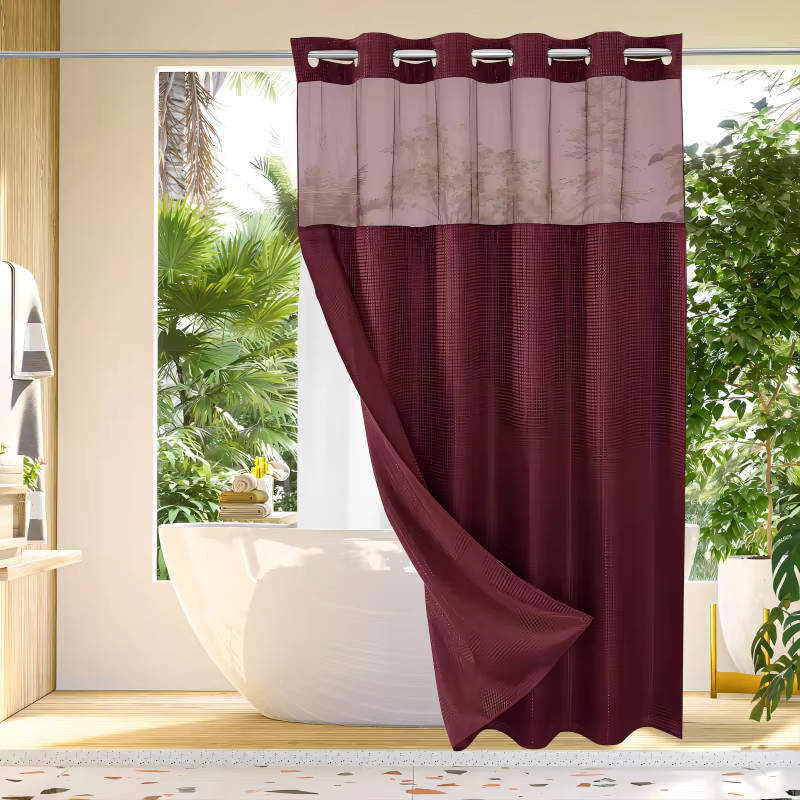 No Hook Waffle Pattern Shower Curtain with Mesh Window, Modern Waterproof Bathroom Curtain, Hotel Quality Luxury Fabric