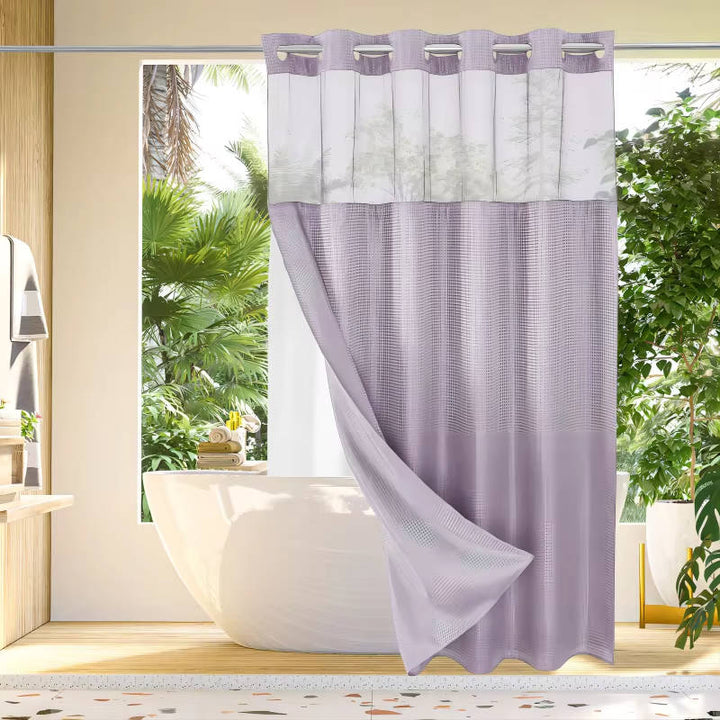 No Hook Waffle Pattern Shower Curtain with Mesh Window, Modern Waterproof Bathroom Curtain, Hotel Quality Luxury Fabric