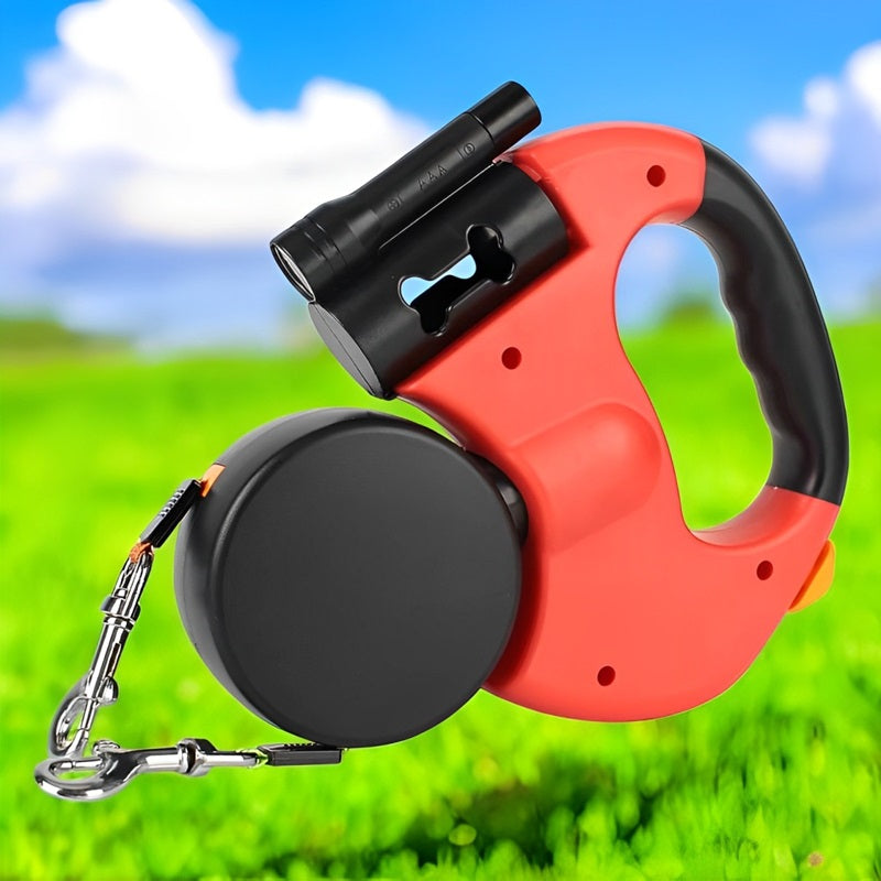 10FT Dual Retractable Dog Leash with Built-In Flashlight and Waste Bag Holder