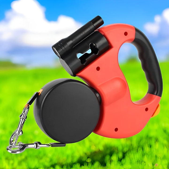 10FT Dual Retractable Dog Leash with Built-In Flashlight and Waste Bag Holder