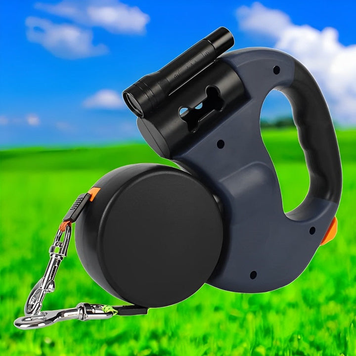 10FT Dual Retractable Dog Leash with Built-In Flashlight and Waste Bag Holder
