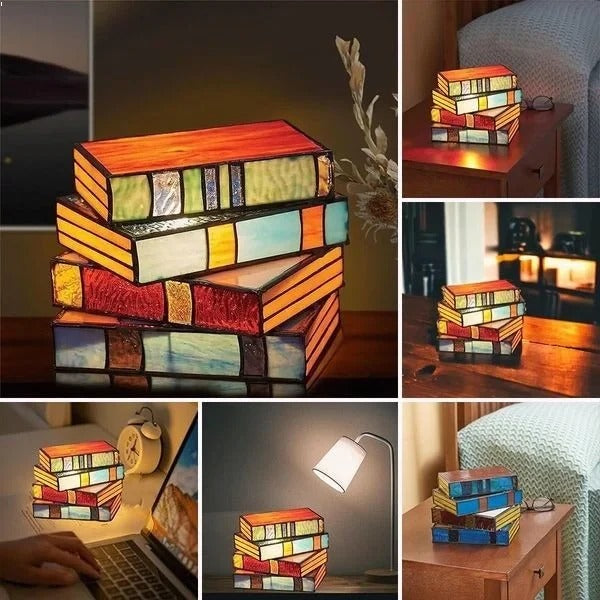 Stained Glass Stacked Book Lamp, Vintage Home Accent