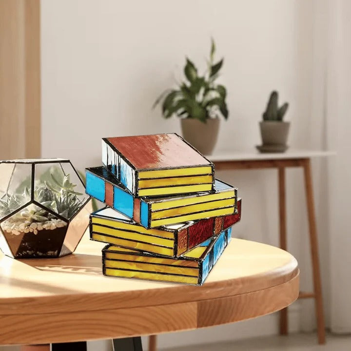 Stained Glass Stacked Book Lamp, Vintage Home Accent