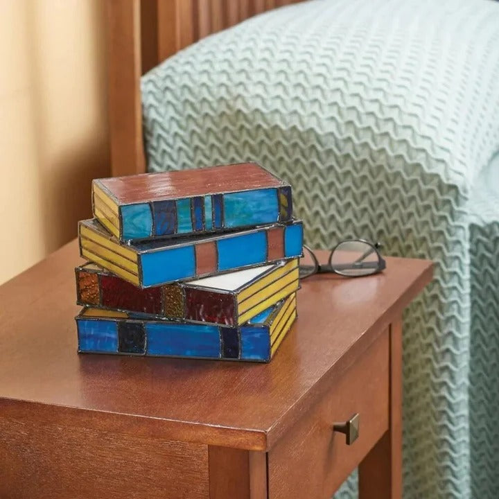 Stained Glass Stacked Book Lamp, Vintage Home Accent