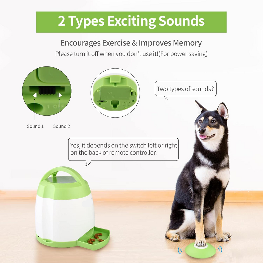 Interactive Dog Treat Dispenser with Wireless Remote Button and Adjustable Portions