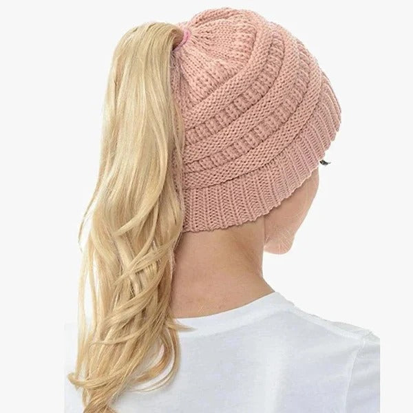 Ponytail Hat Cap Ribbed Knit Solid Color for Women