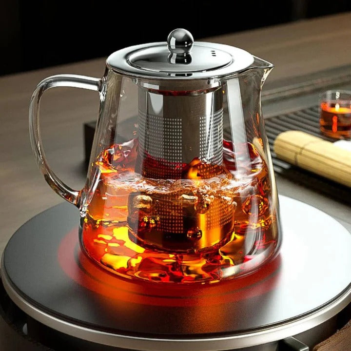 Heat Resistant Glass Teapot for Loose Leaf Tea with Brushed Metal Accents