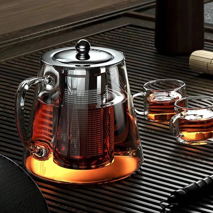 Heat Resistant Glass Teapot for Loose Leaf Tea with Brushed Metal Accents