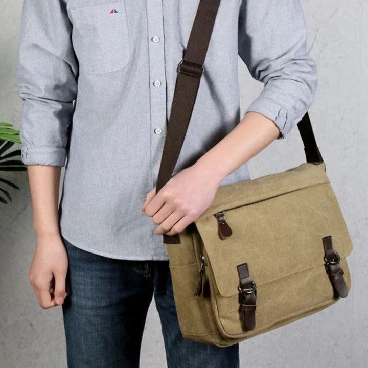 Mens Sling Bag with Canvas Satchel Design and Messenger Style Layout and Integrated Zipper Closures