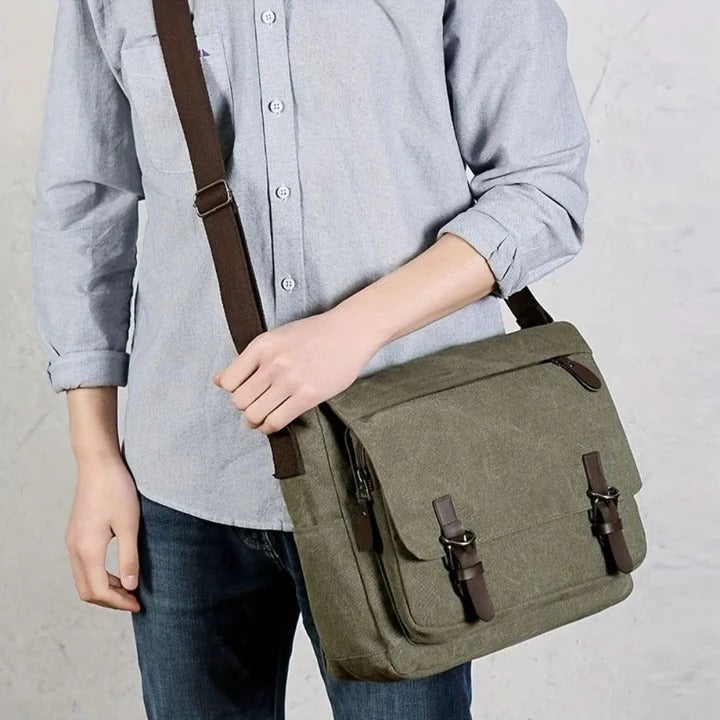 Mens Sling Bag with Canvas Satchel Design and Messenger Style Layout and Integrated Zipper Closures