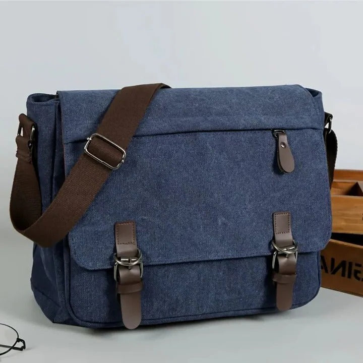 Mens Sling Bag with Canvas Satchel Design and Messenger Style Layout and Integrated Zipper Closures