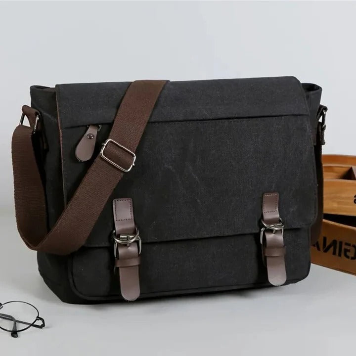 Mens Sling Bag with Canvas Satchel Design and Messenger Style Layout and Integrated Zipper Closures
