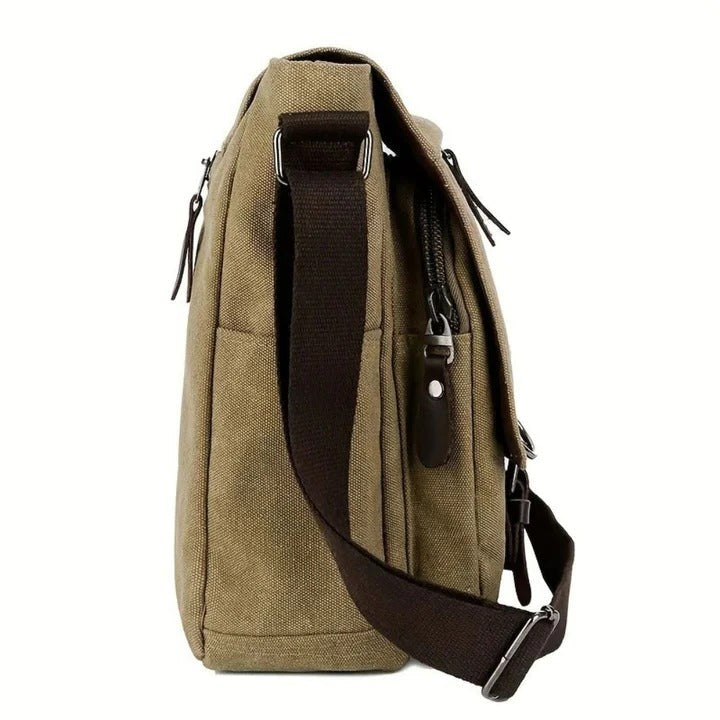 Mens Sling Bag with Canvas Satchel Design and Messenger Style Layout and Integrated Zipper Closures