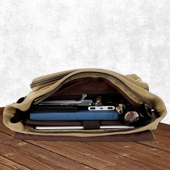 Mens Sling Bag with Canvas Satchel Design and Messenger Style Layout and Integrated Zipper Closures
