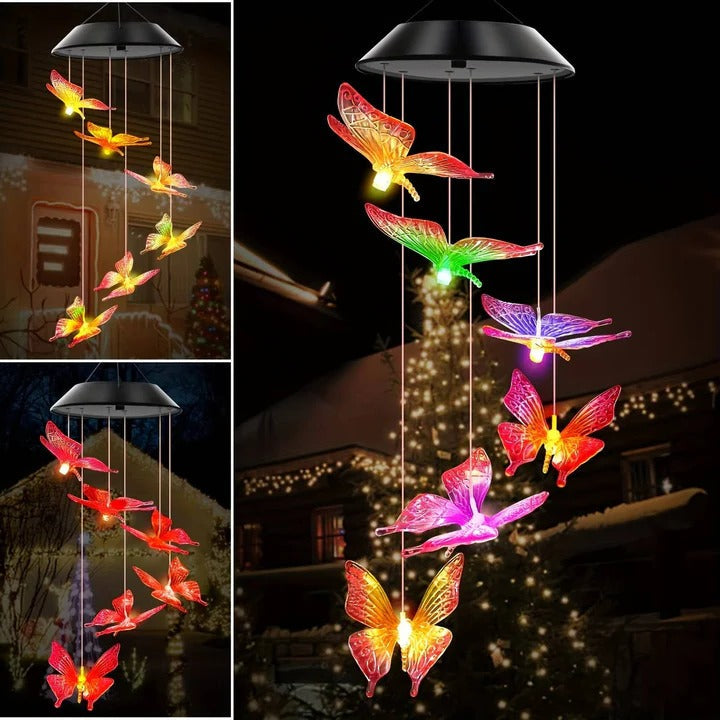 Wind Chimes with Solar Power Collection and Internal Rechargeable Battery and Metallic Resonating Tubes and Decorative Hang Hook