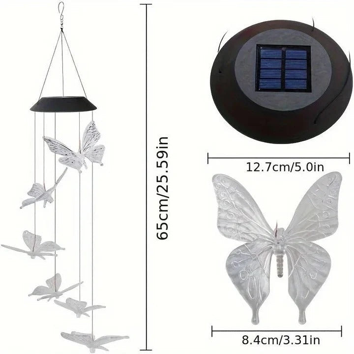 Wind Chimes with Solar Power Collection and Internal Rechargeable Battery and Metallic Resonating Tubes and Decorative Hang Hook